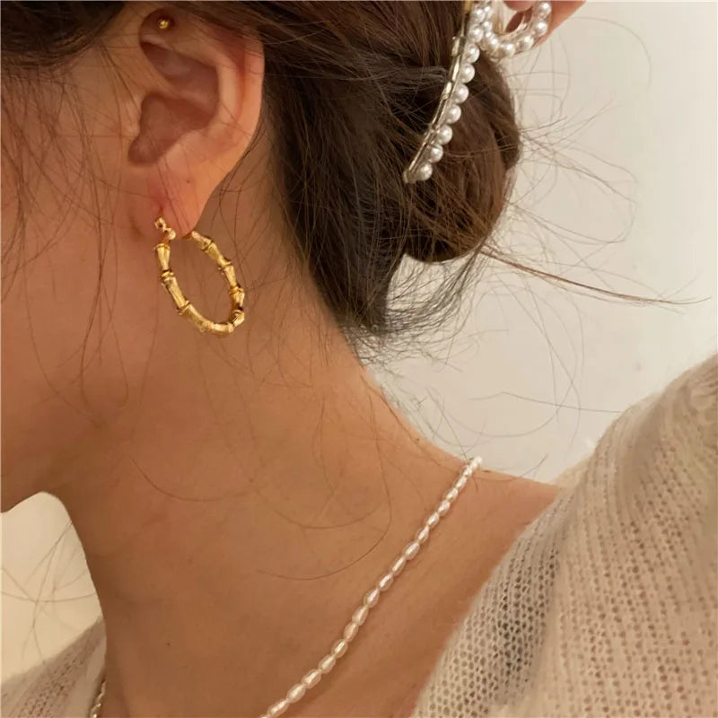 Brass With 18k Gold  Bamboo Round Statement  Earrings Women Jewelry Party T Show Gown Runway Rare Korean Japan Trendy INS Boho