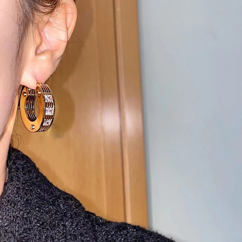 Brass With 18k Gold AAA Zircon Hoop  Earrings Women Jewelry Party Boho T Show Gown Runway Rare Korean Japan Stuning