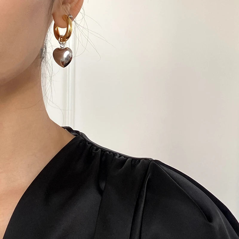 Brass With 18K Gold Double Color Heart Statement Earrings Women Jewelry Punk Party Gown Runway Rare  Korean Japan Boho Hiphop