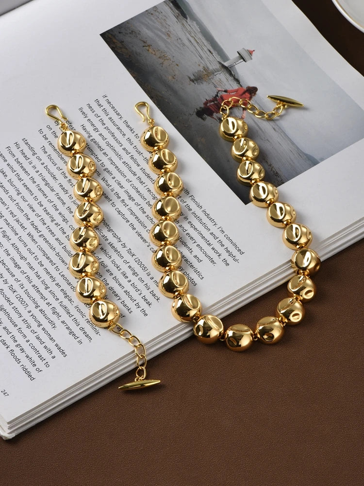 Brass With 18K Chunky Beads Choker Bracelet Women Jewelry Designer T Show Runway Gown Rare INS Japan Korean Trendy