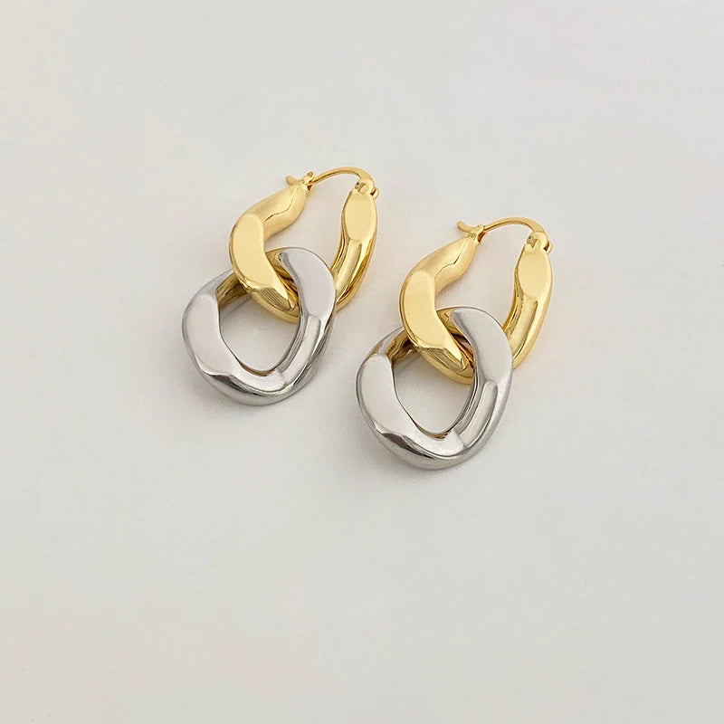Brass With 18k Gold Double Color Chain Dropping Earrings Women Jewelry Party T Show Gown Runway Rare Korean Japan Trendy INS