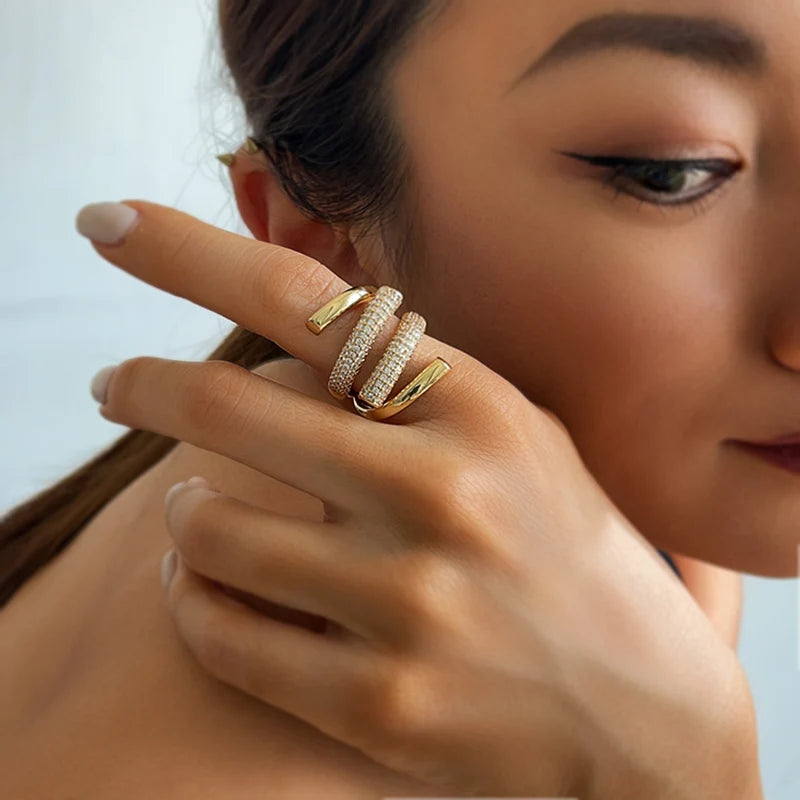 Brass Stunning  AAA Zircon WAVE  Ring Women Jewelry Designer T Show Club Cocktail Party Rare Hiphop Japan Korean