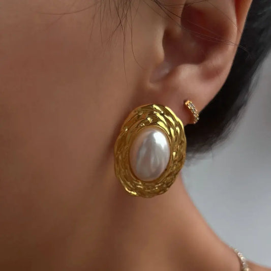 Brass Vintage Faux Pearl Hoop Earrings Women Jewelry Party Boho T Show Gown Runway Rare Korean Japan Trendy