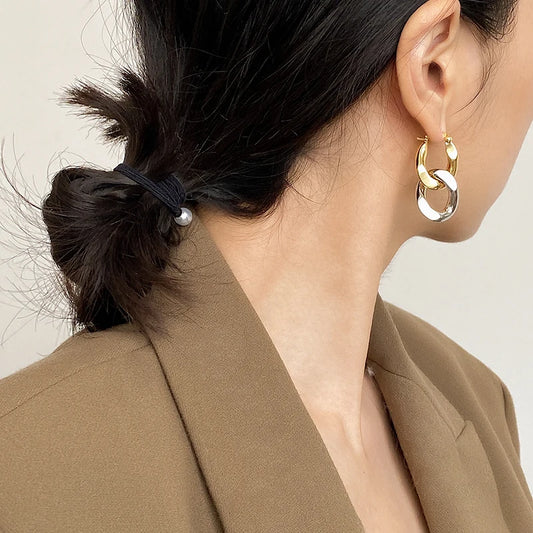 Brass With 18k Gold Double Color Chain Dropping Earrings Women Jewelry Party T Show Gown Runway Rare Korean Japan Trendy INS