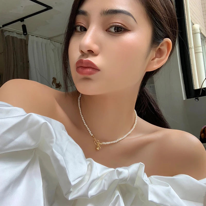 Brass With 18K Gold Natural Pearl OT Chains Necklace Women Jewelry Designer T Show Runway Sweety Boho Japan Korean Sample Trendy