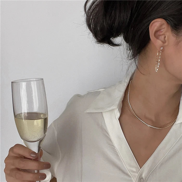 Brass With 18k Gold Zirconia Tassel Chained Drop Earrings Women Jewelry  Party T Show Gown Runway rare Korean Japan Trendy INS