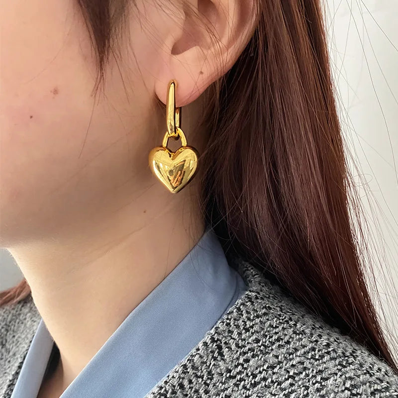 Brass Chunky Linked Heart Pendant Drop Earring Women Jewelry Punk Designer Runway Rare Simply Gown Boho Japan Korean