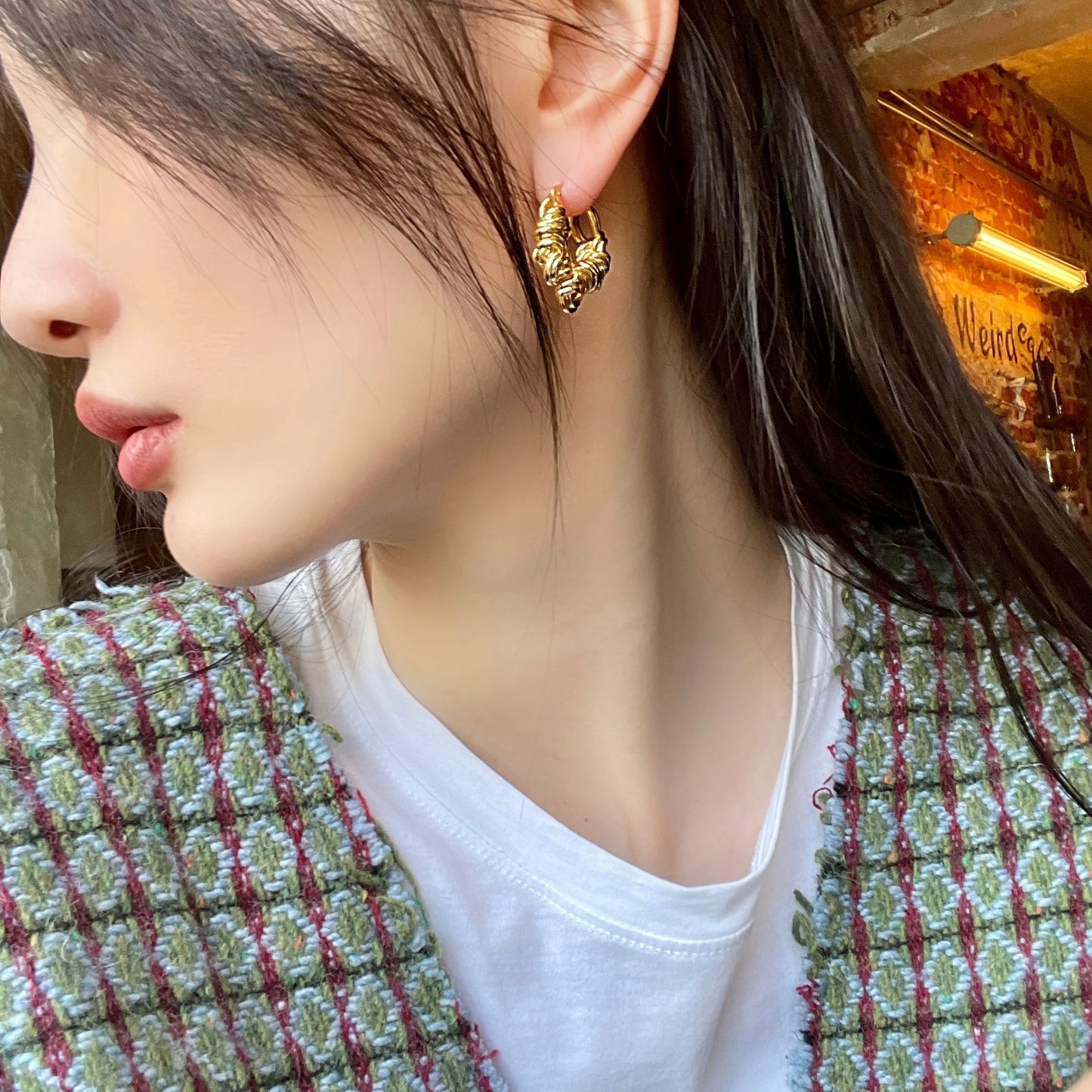 Brass With 18k Gold Baided Hoop Earrings Women Jewelry Party Boho T Show Gown Runway  Party Rare Korean Japan Trendy
