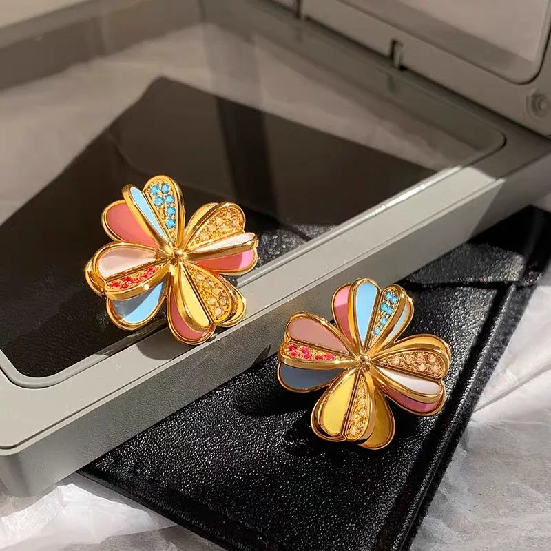 Brass Retro Colorful Floral Stud Earrings Women Jewelry Punk Party T Show Gown Runway Trendy  Korean Japan INS