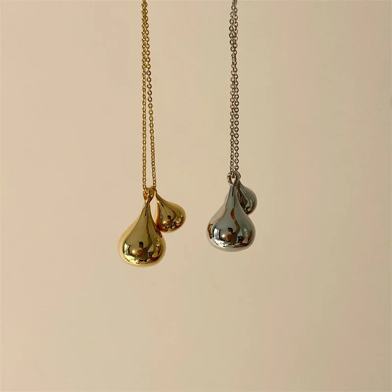 Brass Long Chain Double Water Drop Pendant Necklace Women Jewelry Punk Designer Runway Rare Gown Boho Japan Korean