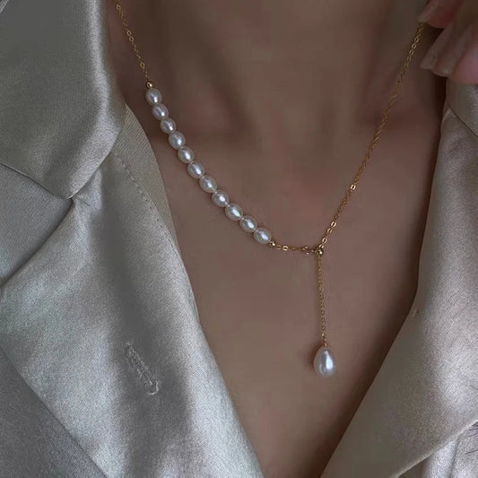 14K Gold Filled  Natural Freshwater Pearl Half Chain  Necklace Women Jewelry Designer T Show Runway Gown  Rare INS Japan Korean