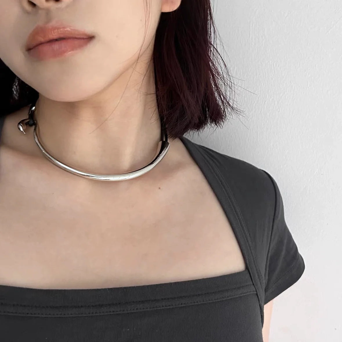 Brass Real Leater Tube Choker Necklace Women Jewelry Punk Designer Runway Rare Gown Boho Japan Korean