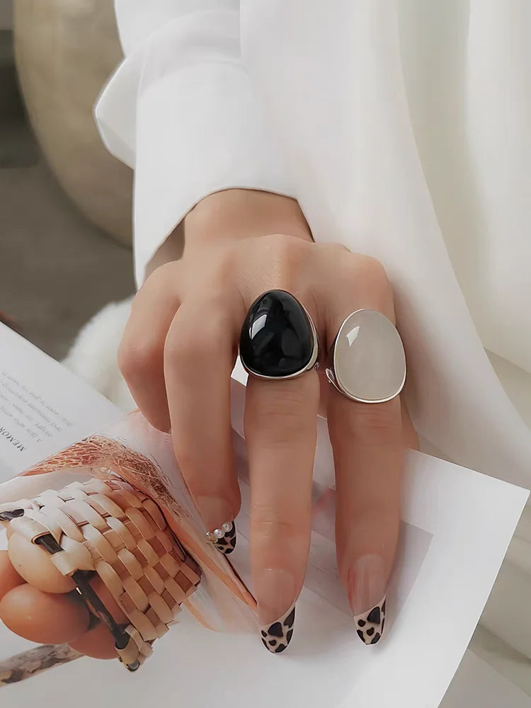 Brass Natural Stone Egg Charm Solid Rings Women  Jewelry Punk Designer Club Cocktail  Party Boho Japan Korean