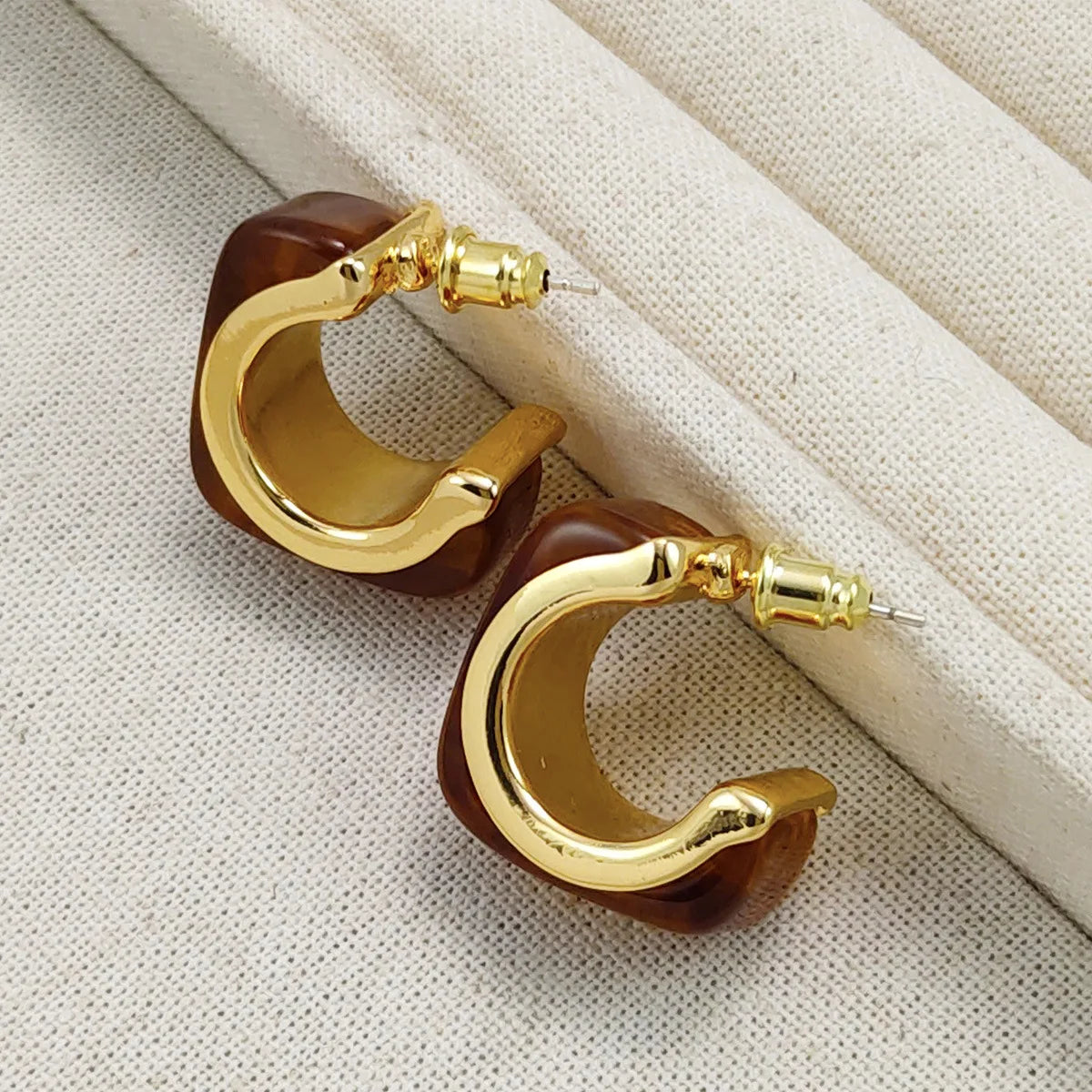 Brass With 18K Gold Square Brown Resin Hoop Earring Women  Jewelry Punk Designer Club Cocktail  Party Boho Japan Korean