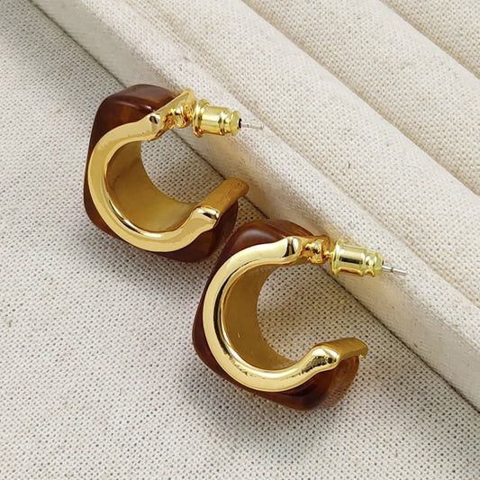Brass With 18K Gold Square Brown Resin Hoop Earring Women  Jewelry Punk Designer Club Cocktail  Party Boho Japan Korean