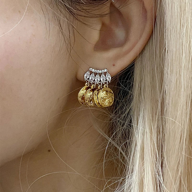 Brass With 18k Gold AAA Zircon Coins Statement Drop Earrings Women Jewelry Party T Show Gown Runway rare Korean Japan Trendy