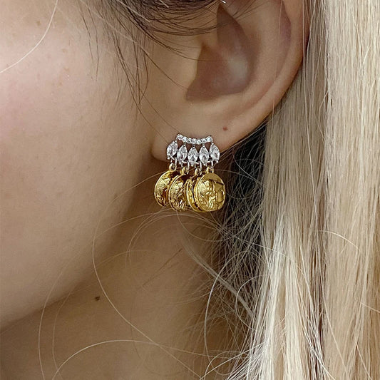 Brass With 18k Gold AAA Zircon Coins Statement Drop Earrings Women Jewelry Party T Show Gown Runway rare Korean Japan Trendy