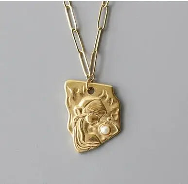 Titanium With 18K Gold  Vintage Pearl Charm Necklace Women Stainless Steel Jewelry Designer T Show Party Runway Boho Japan Korea
