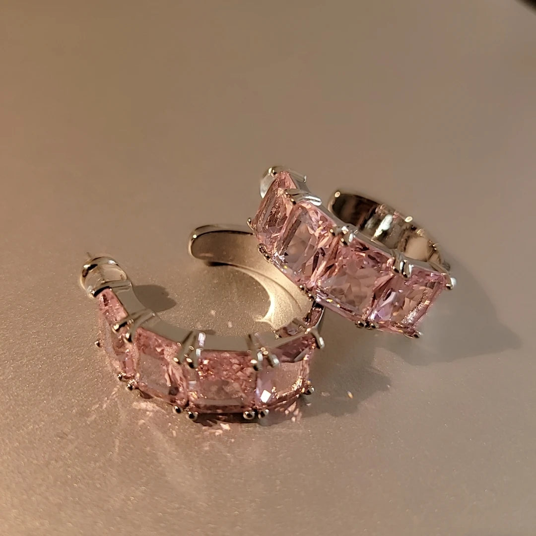 Brass Pink AAA Zircon Hoop Earrings Women Jewelry Punk Hiphop Designer Runway Rare Simply Gown Boho Top Japan Korean
