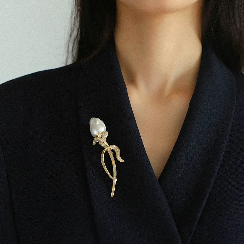 Brass With 18K AAA Zircon Real Baroque Pearl Brooches Women Jewelry Punk Party T Show Gown Runway Trendy  Korean Japan Israel
