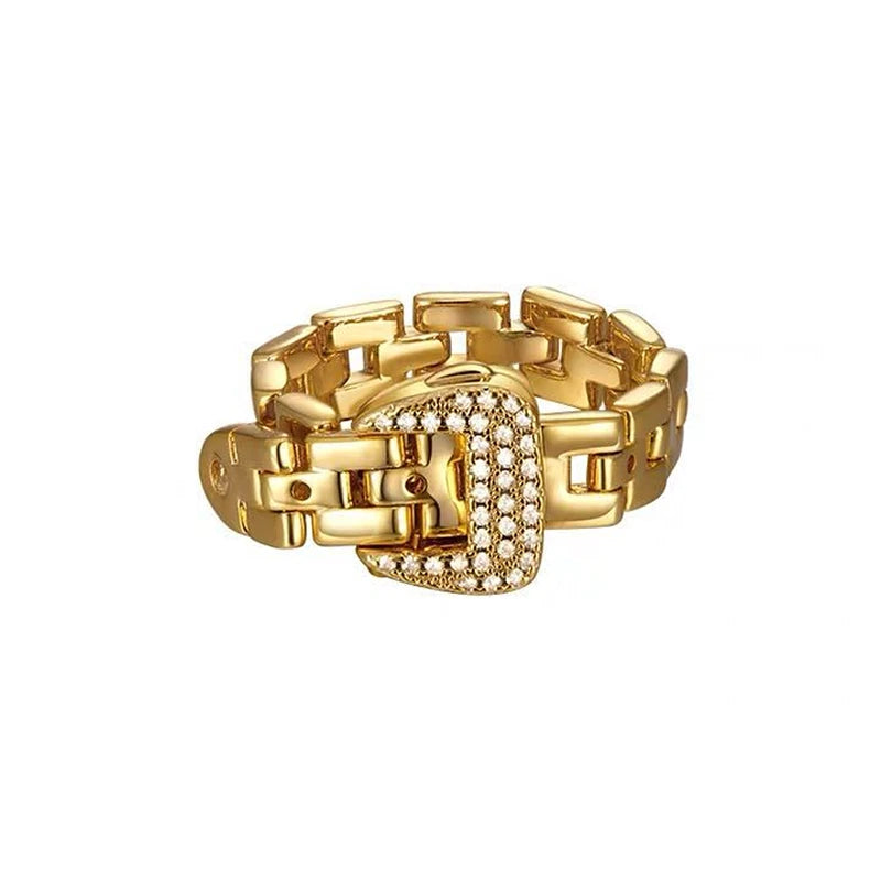 Brass Zirconia Buckle Up Stackable Rings  Women  Jewelry Punk Designer Runway T show Club Cocktail Party Boho Japan Korean Ins