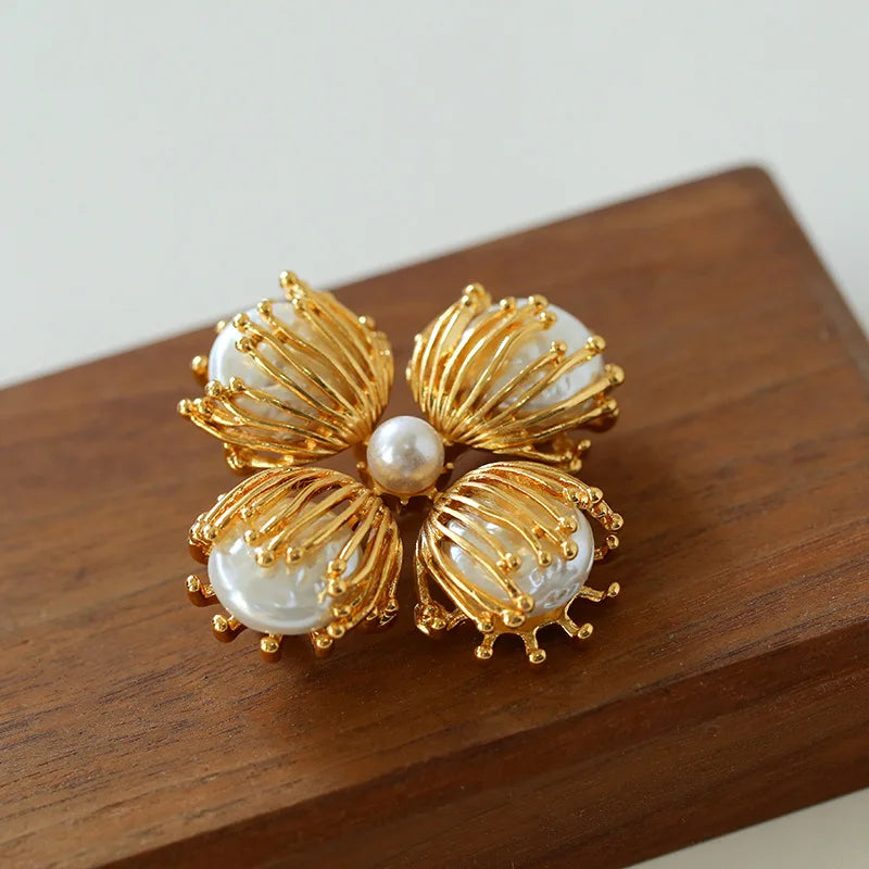 Brass With 18K Faux Pearl Floral Brooches Women Jewelry Punk Party T Show Gown Runway Trendy  Korean Japan Israel