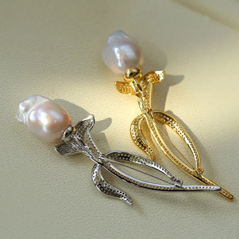 Brass With 18K AAA Zircon Real Baroque Pearl Brooches Women Jewelry Punk Party T Show Gown Runway Trendy  Korean Japan Israel