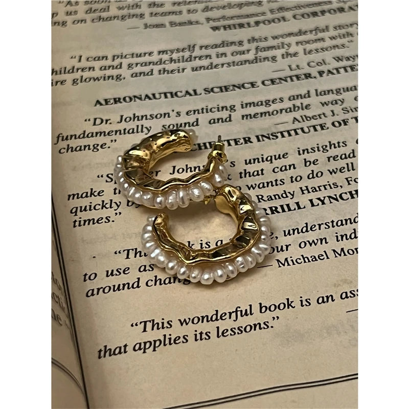Brass With 18K Gold CC Real Natural Pearl Earrings Women Jewelry Party Boho T Show Gown Runway Party Rare Korean Japan Trendy