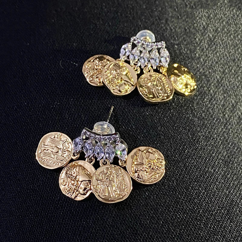 Brass With 18k Gold AAA Zircon Coins Statement Drop Earrings Women Jewelry Party T Show Gown Runway rare Korean Japan Trendy