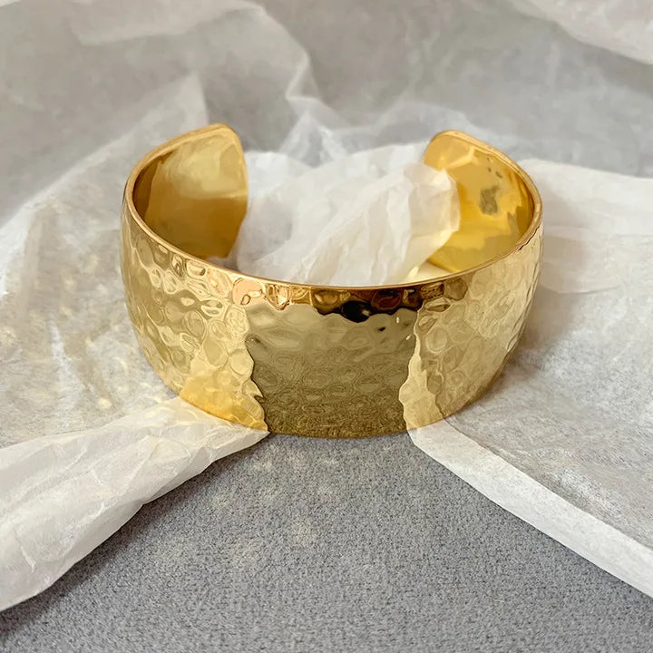 Brass With 18K Statement Chunky Wide Rugged Bangle Women Jewelry Designer T Show Runway Gown Rare INS Japan Korean Trendy