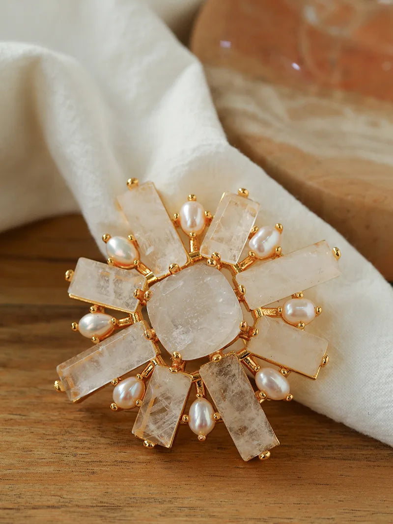 Brass With 18K Natural Crystal Freshwater Pearl Brooches Women Jewelry Punk Party T Show Gown Runway Trendy  Korean Japan Israel