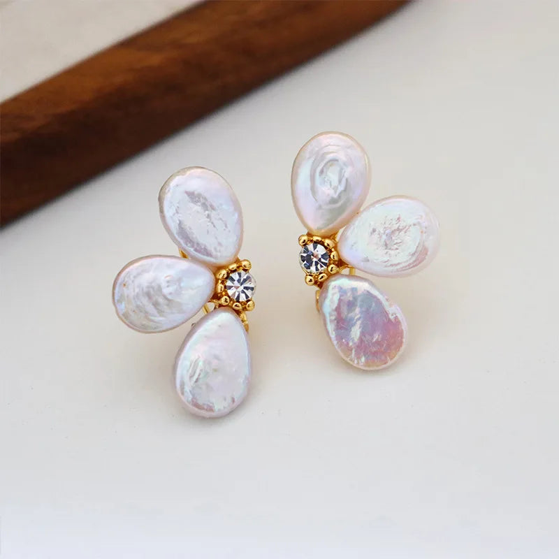 Brass With 18K Gold Zirconia Natural Pearl Flower Stud Earrings Women Jewelry Punk Party T Show Gown Runway Korean Japan INS