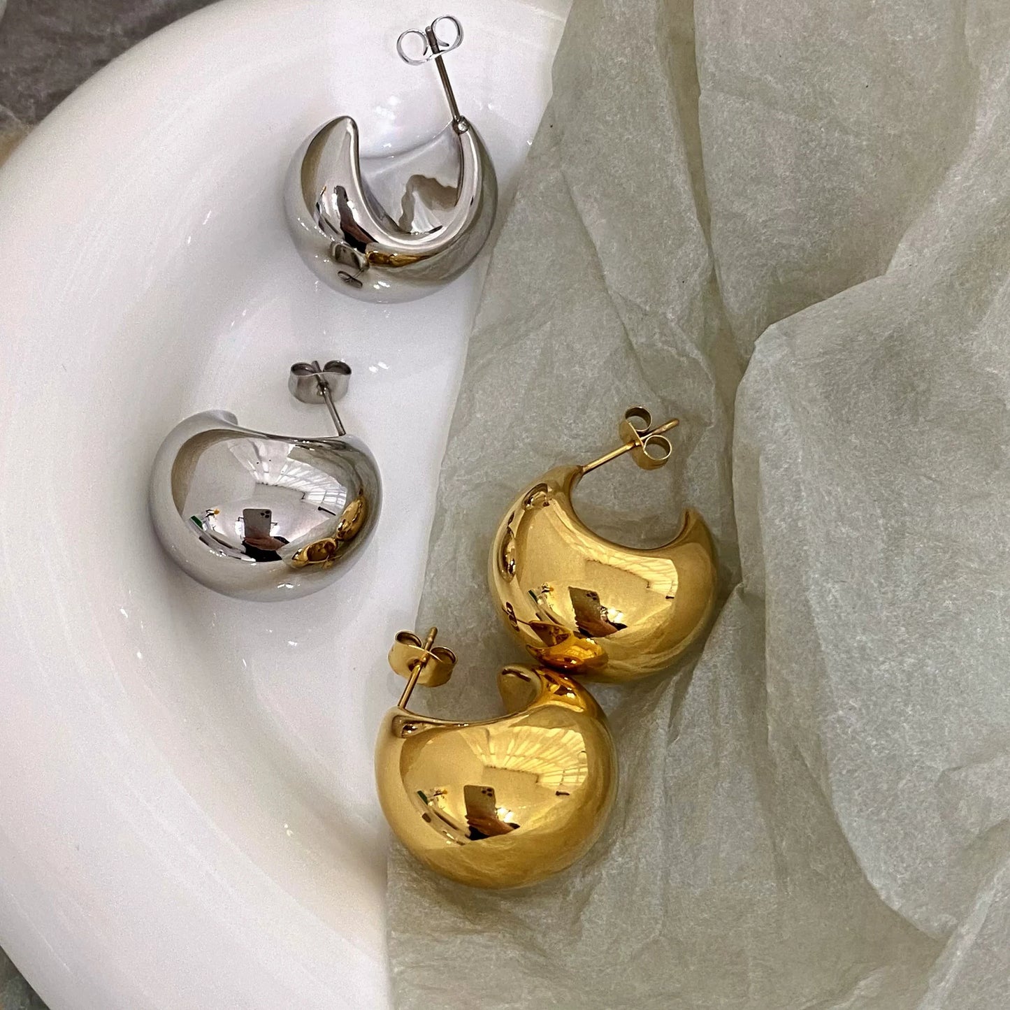 Brass With 18K Gold  Half Ball Stud Earrings Women Jewelry Party Boho T Show Gown Runway Rare Korean Japan Trendy