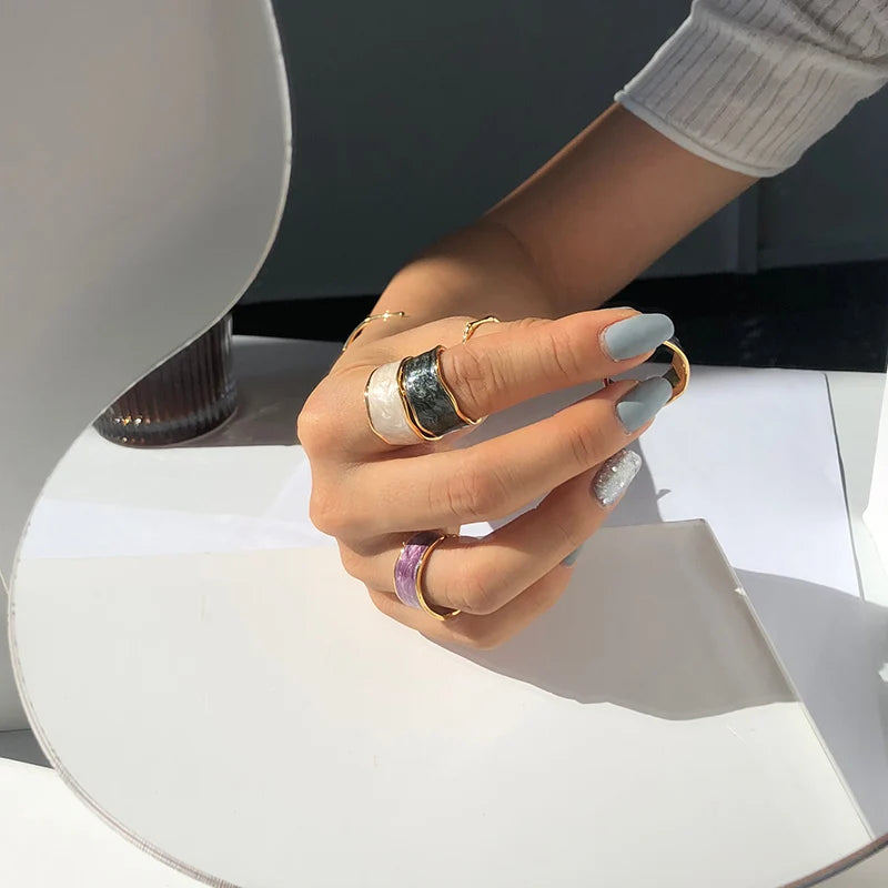 Brass With 18 K Gold Retro Enemal Rings Women Jewelry Punk T Show Designer Club Cocktail Party Japan Korea Fashion