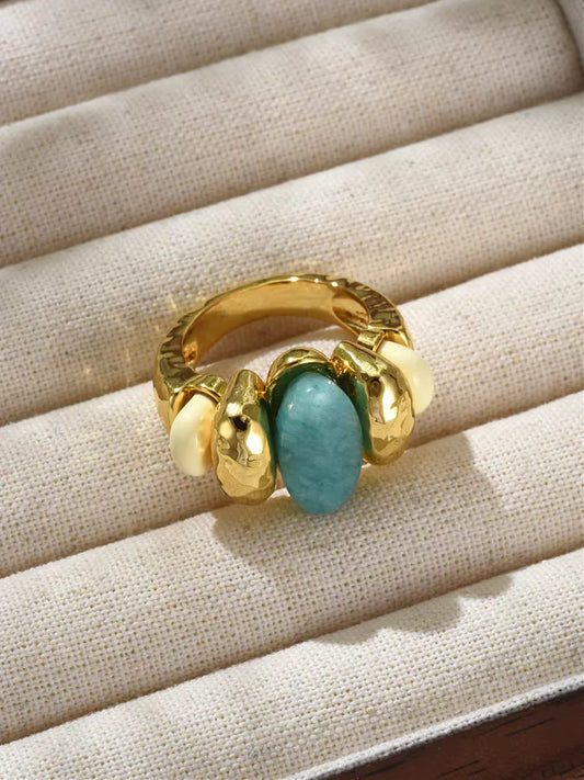 Brass With 18K Statement Chunky Natural Stone Wide Bangle Women Jewelry Designer T Show Runway Gown Rare INS Japan Korean Trendy