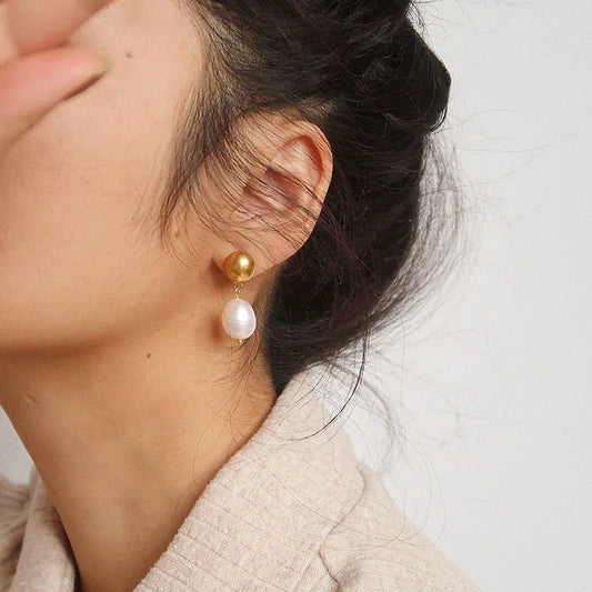 Titanium With 18k Gold Real Pearl Water Drop Earrings Women Jewelry Party T Show Gown Runway Rare Korean Japan Trendy INS Boho