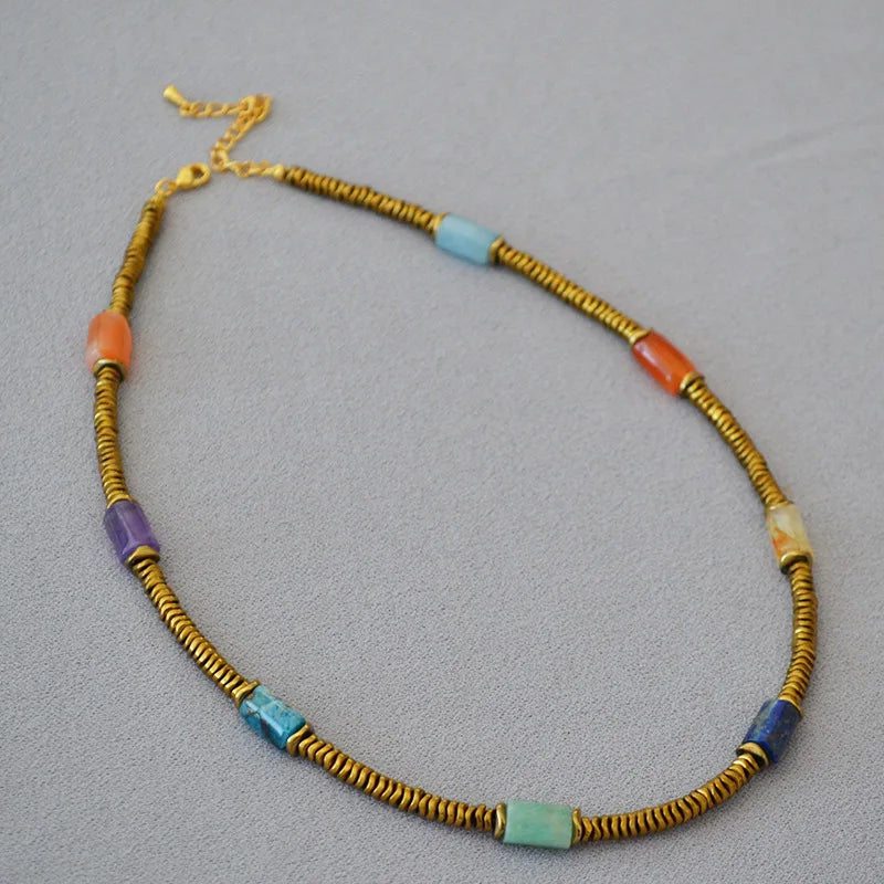 Brass Colorful Natural Stone Choker Necklaces Women Jewelry Punk Designer Runway Rare Gown Boho Japan Korean