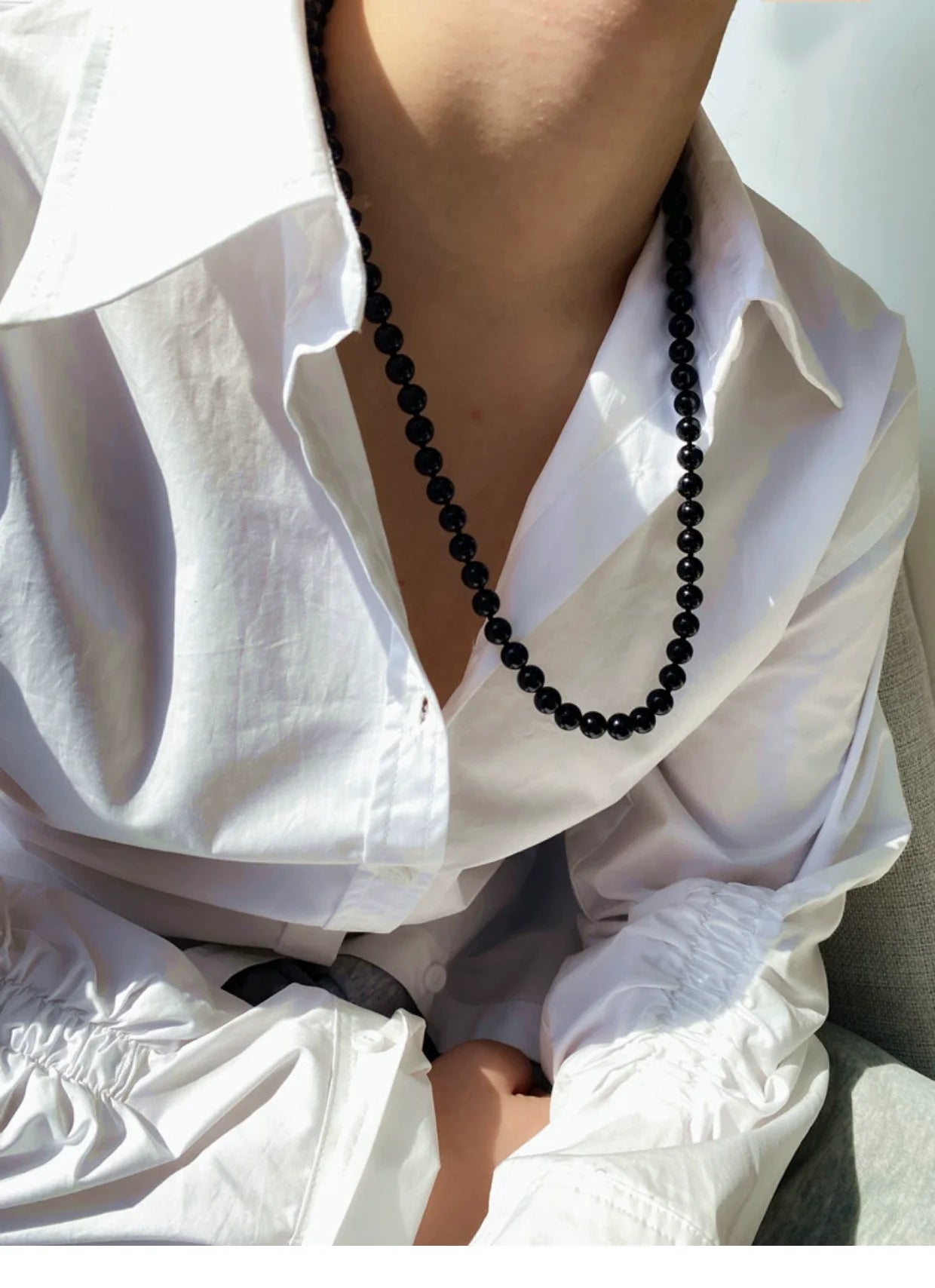 Brass With 18k Gold Natural Black Jade Beads Necklace Women Jewelry Punk Designer Runway Rare Gown Boho Japan Korean