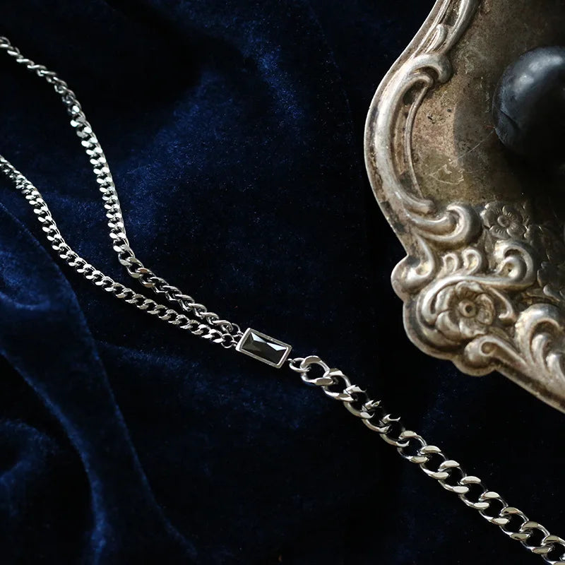 Titanium With 18 K Gold Black Zircon Double Chian  Necklace Women Stainless Steel Jewelry Chic Gown Sweet Boho OL S Japan Korean