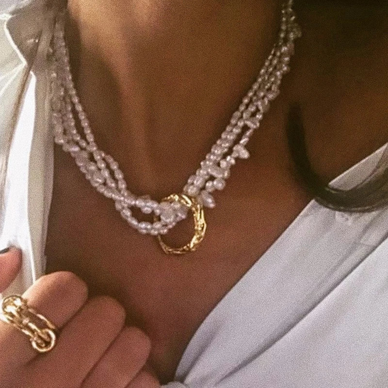 Brass With 18K Natural Pearl Layered Necklace Women Wedding  Jewelry Runway Party Japan Souch Korea Fashion