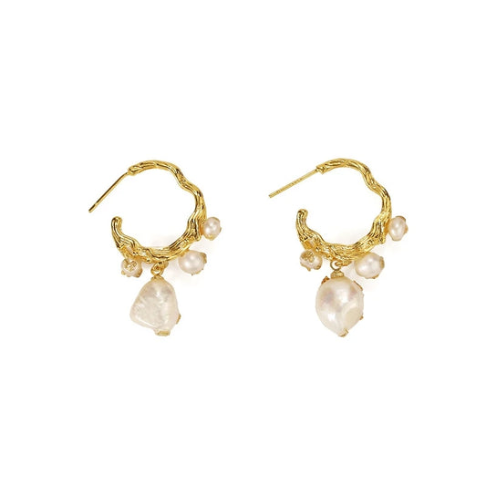 Brass With 18k Gold Real Baroque Pearl Hoop Earrings Women Jewelry Party Boho T Show Gown Runway  Party Rare Korean Japan Trendy