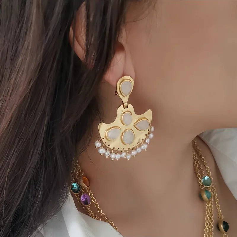 Brass Retro Rhinestoned Fan Earrings Women Jewelry Punk Party T Show Gown Runway Korean Japan INS