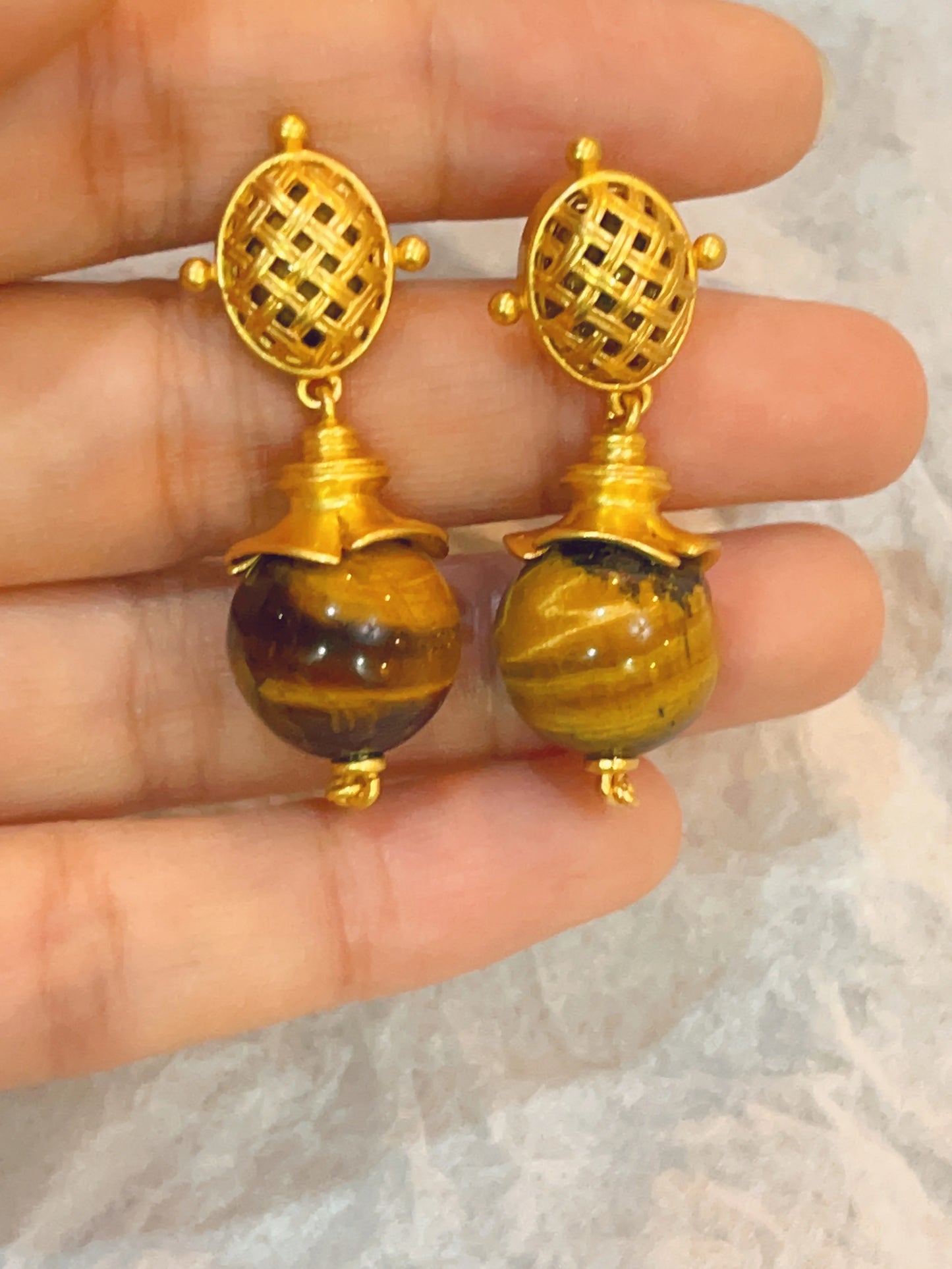 Brass With 18K Gold Retro Natural Stone Drop Earrings Women Jewelry Punk Party T Show Gown Runway Korean Japan INS