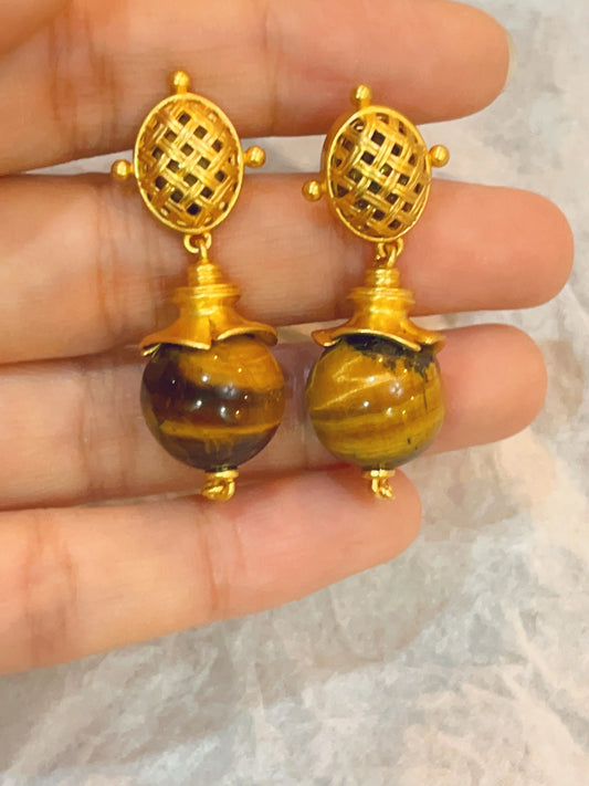 Brass With 18K Gold Retro Natural Stone Drop Earrings Women Jewelry Punk Party T Show Gown Runway Korean Japan INS