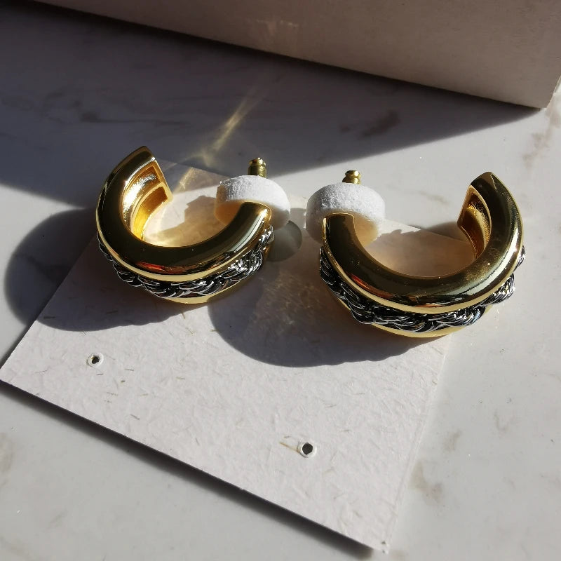 Brass With 18k Gold 2 Tone Chained Twist Drop Earrings Women Jewelry Party T Show Gown Runway Rare Korean Japan Trendy INS