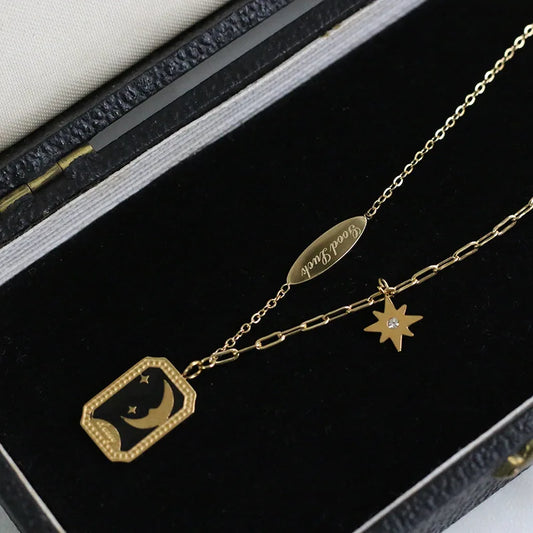 Titanium With 18K Gold Enamel Moon Tag Good Luck Chain Necklace Designer T Show Runway Gown  Rare INS Japan Korean Boho Gothic