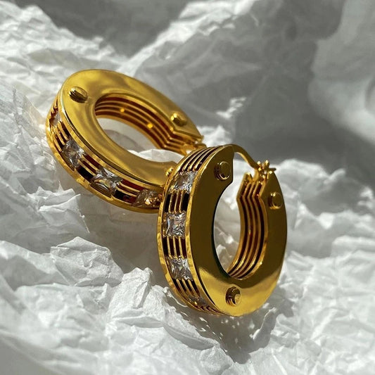 Brass With 18k Gold AAA Zircon Hoop  Earrings Women Jewelry Party Boho T Show Gown Runway Rare Korean Japan Stuning
