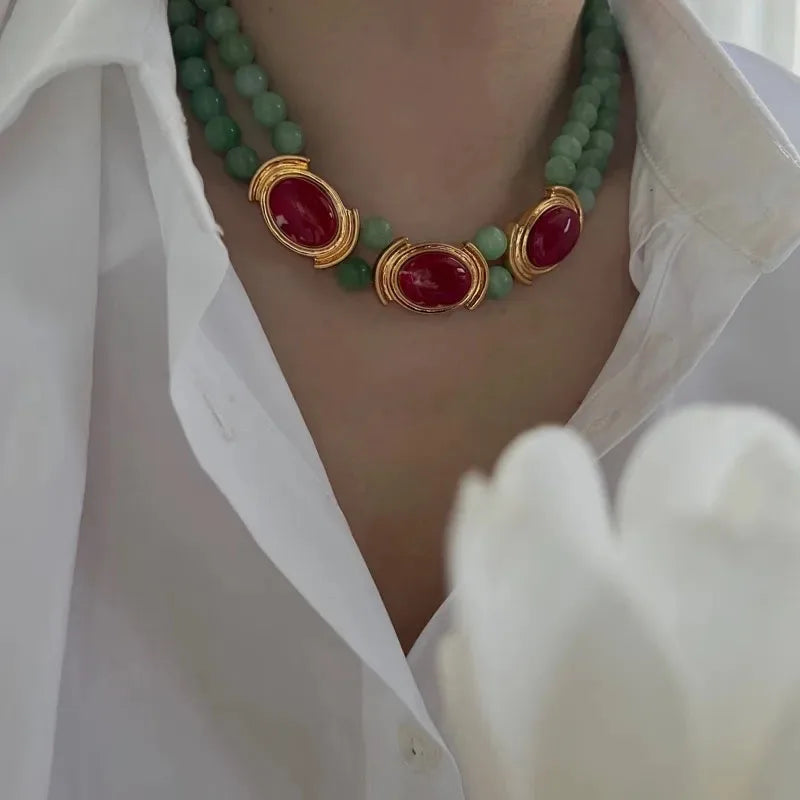 Brass Vintage Natural Green Jade Beads Chain Necklace Women Jewelry Punk Designer Runway Gown Boho Japan Korean