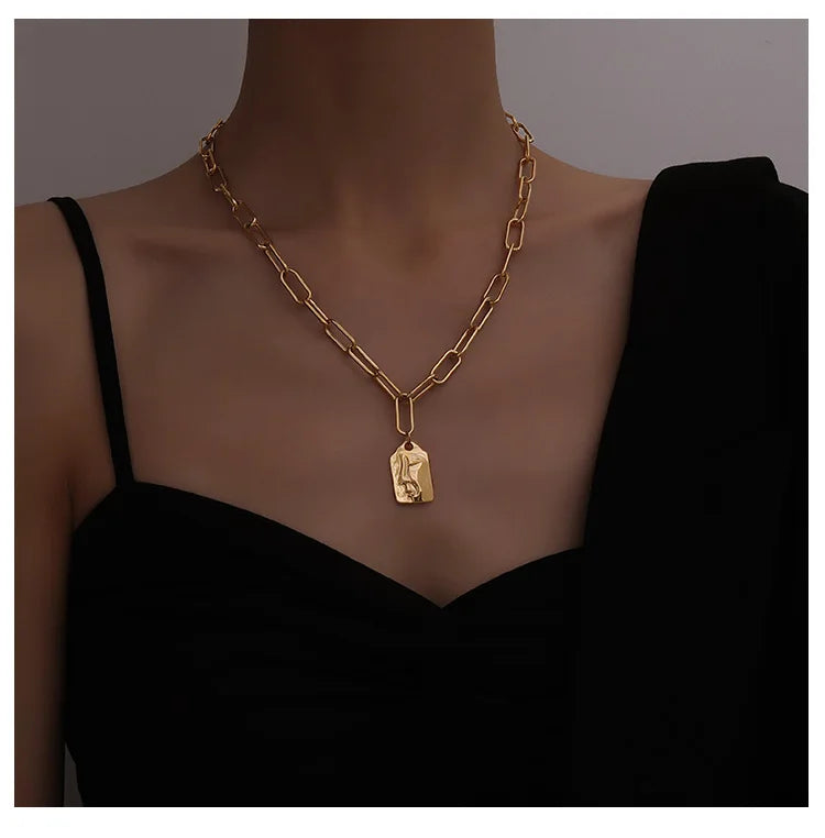 Titanium With 18K Gold Geo Chained Statement Necklace Women  Jewelry Designer T Show Runway Gown Rare INS Japan Korean Fashion