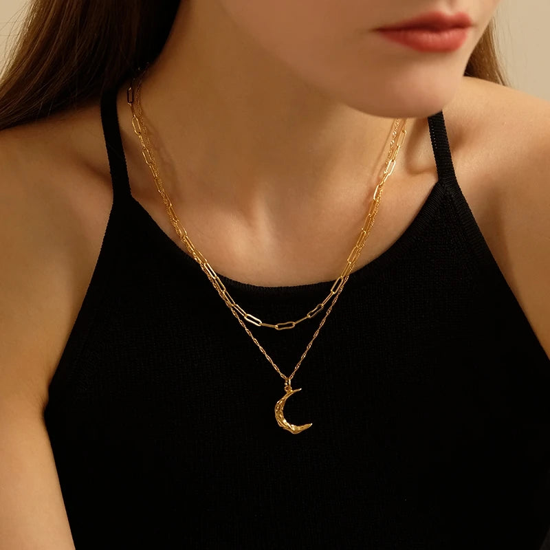 Brass With 18K Real Gold Layered Chain Moon Necklace Women Jewelry Party Designer T Show Runway INS